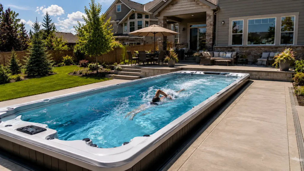 Swim spa in a backyard