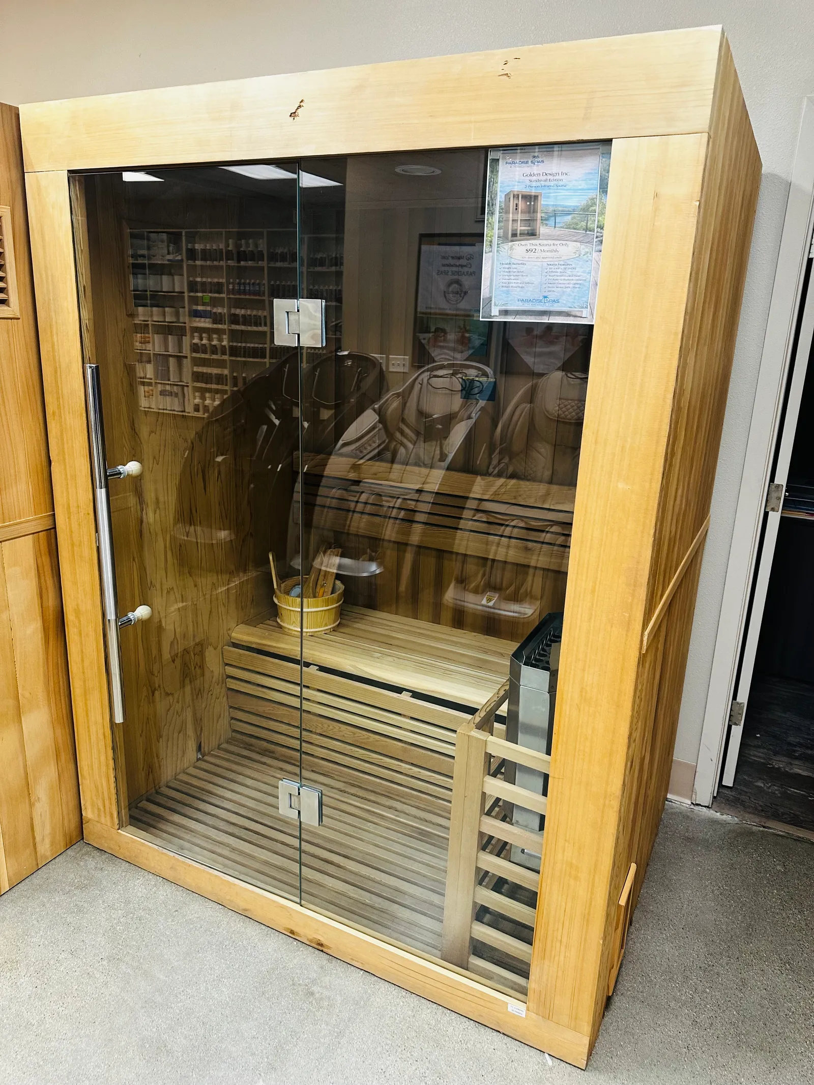 Indoor sauna on display at the Williston store